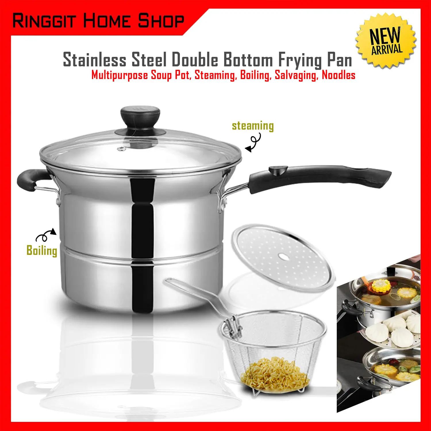 Ringgit Home Shop Stainless Steel Double Bottom Frying Pan, Household Multipurpose Soup Pot, Steaming, Boiling, Salvaging, Noodles, 22cm