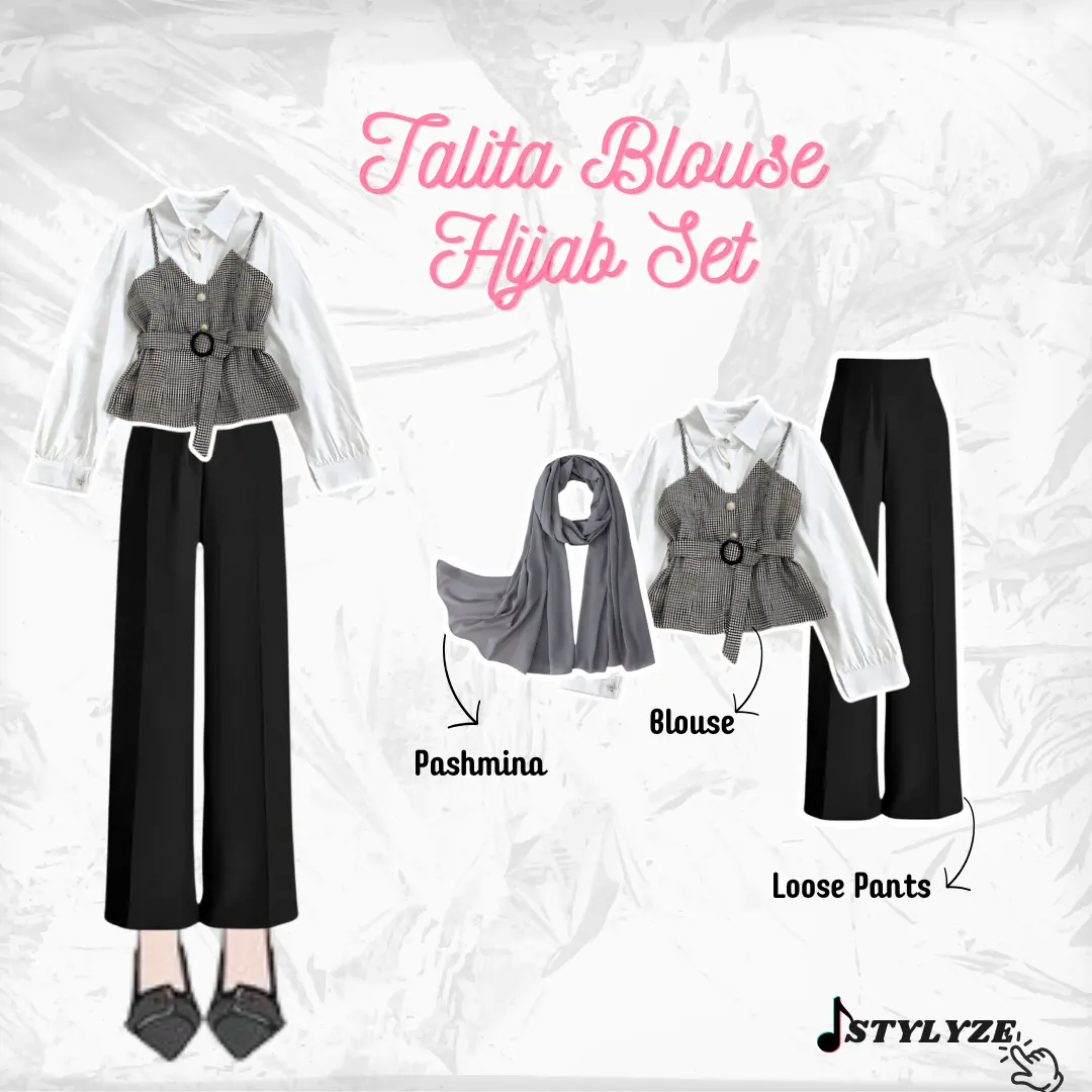Talita Blouse Hijab Set 3in1 Pashmina+Blouse+Loose Pants Korean Style Outfit Bukber SZ35