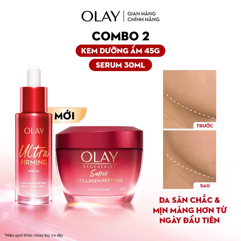   LIVE  Combo 2: Kem Dưỡng Ẩm OLAY Super Collagen Peptides + Serum OLAY Ultra Firming Giúp Da Săn Chắc & Mịn Màng  45G + 30ML  