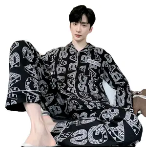 Setelan piyama lengan panjang  pria kaos katun impor premium aman dan nyaman dipakai tidur Cowok Dewasa Cowok Dewasa Motif Pendekt Celana Wanita