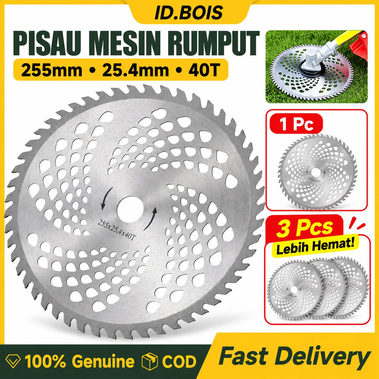 ID.BOIS Mata Pisau Gergaji 255mm 10 Inch 40T untuk Mesin Potong Rumput Brush Cutter Pemotong Rumput Semak Serbaguna