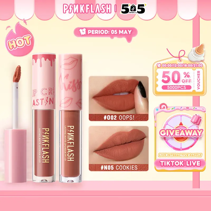 [Official] PINKFLASH #Ohmykiss Matte Liquid Lipstik Lip Tint Lembut Tahan Lama Pelembab Pigmentasi Tinggi Lipstick 21 colors PFL01 cranberry orange Gloss Bibir Waterproof Lasting