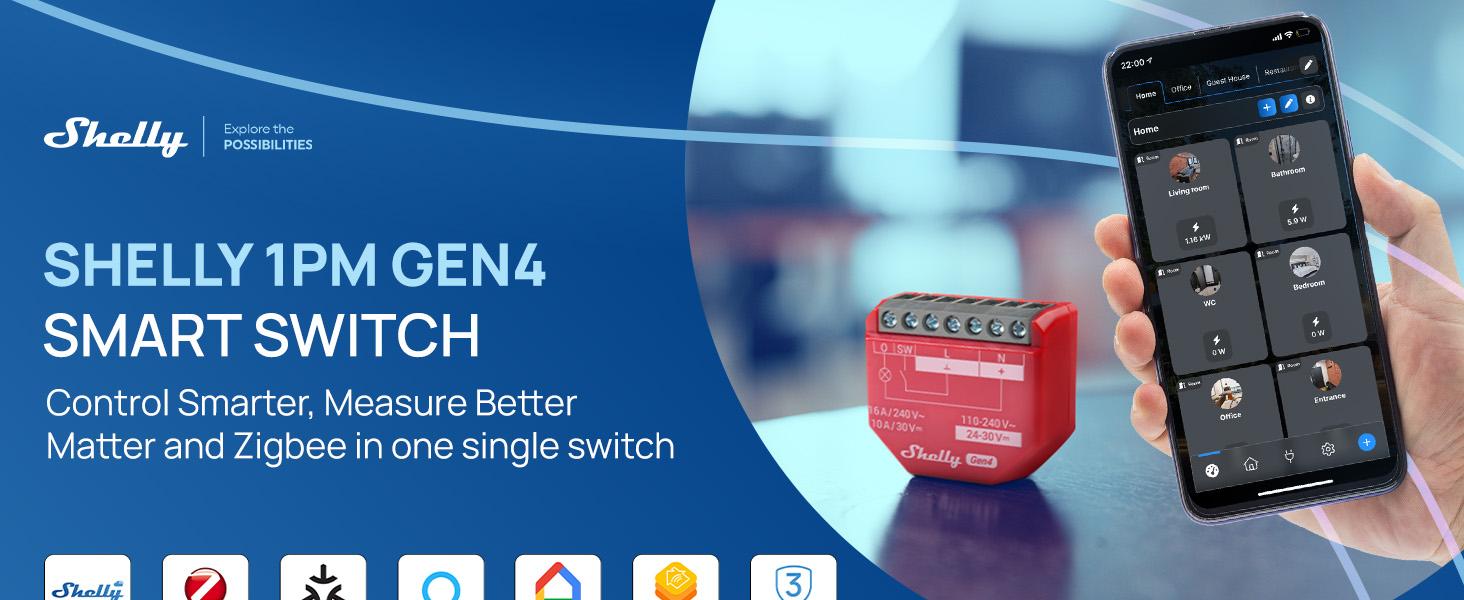 Shelly 1PM Mini Gen4 Wi-Fi Zigbee Matter Smart Relay Switch with Power Metering 1-Channel 8A Home Automation Alexa SmartThings Google Home Apple HomeKit Compatible