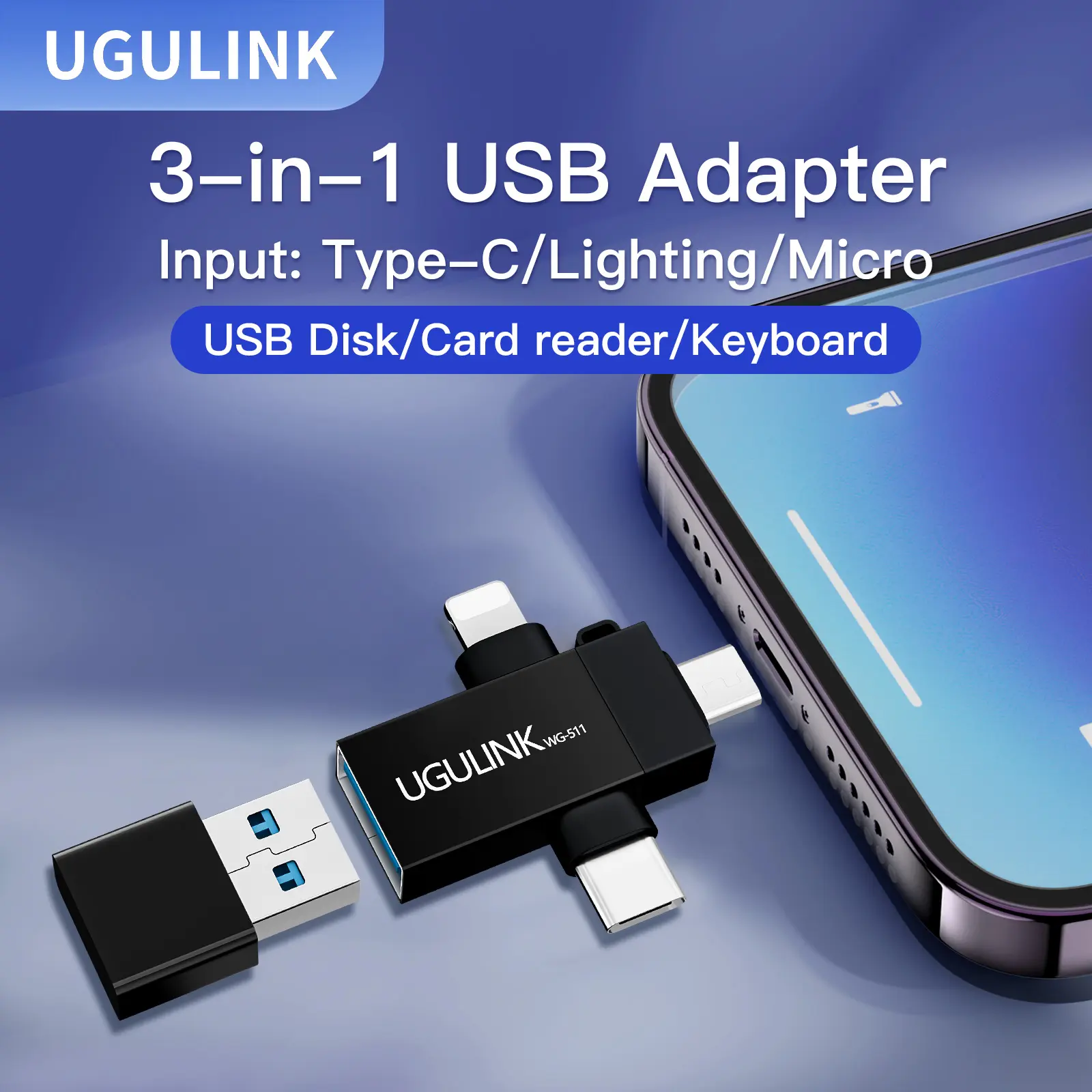 Bộ Chuyển Đổi OTG đa chức năng, UGULINK, dành cho Apple, Android và Type-C, Bộ chuyển đổi USB ba trong một, bao gồm bàn phím và chuột