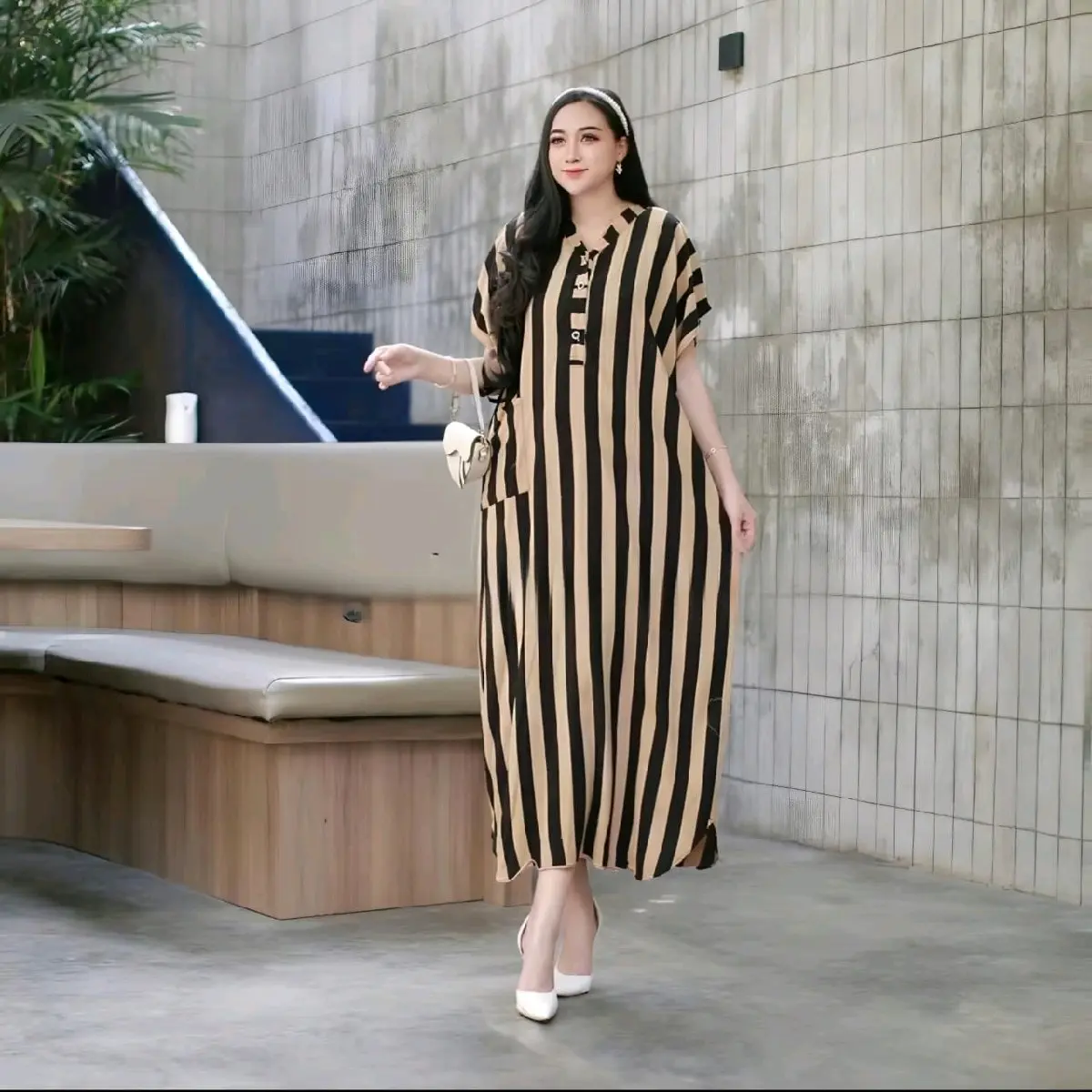 daster lowo terbaru motif gariss viral busuifriendly Lembut Nyaman Wanita Tidur Panjang Rayon Salur Hitam Santai Pendek hitam Putih Bumil