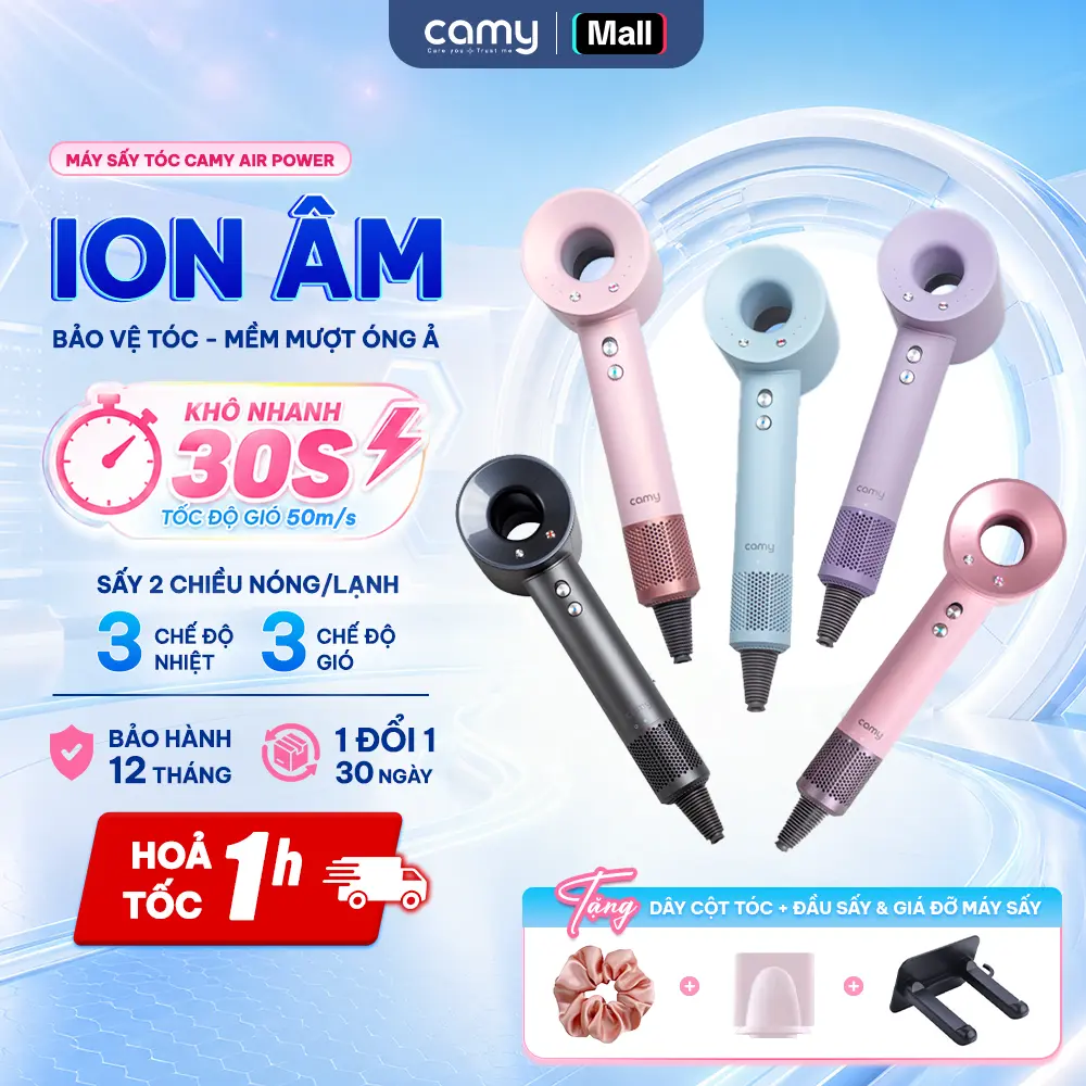 Máy sấy tóc ion âm Camy Air Power 2 chiều nóng lạnh tạo kiểu bảo vệ tóc, tốc độ cao 1600W bảo hành 12 tháng