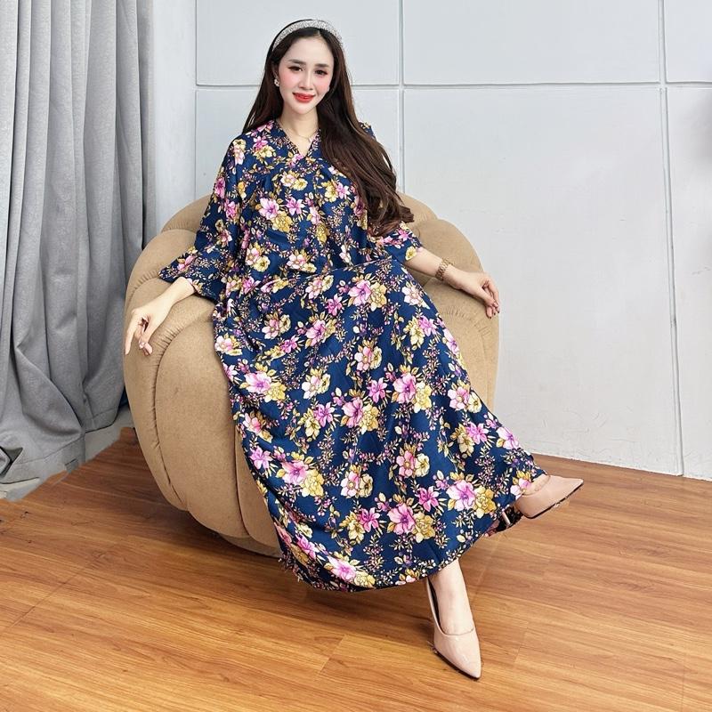 Daster Yuri Motif Bunga Kekinian Busui Leher V  Neck Daster Midi Viral Terbaru Rayon