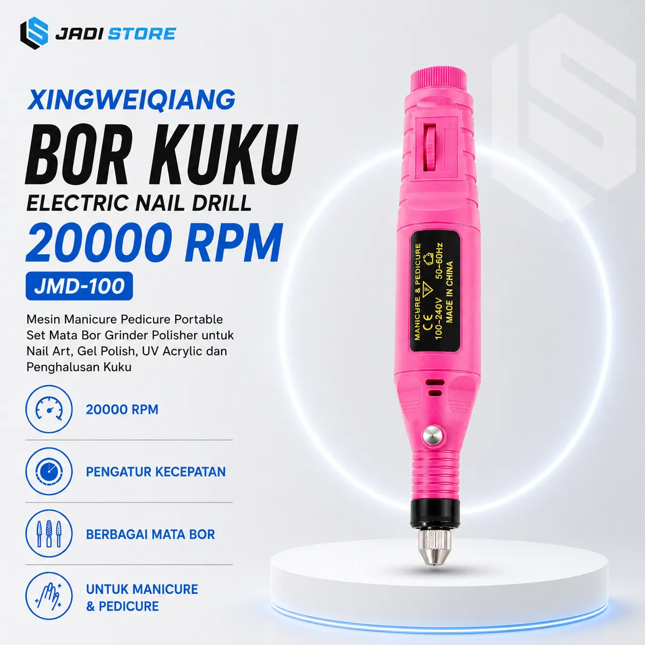 XINGWEIQIANG Bor Kuku Electric Nail Drill 20000RPM JMD-100 Mesin Manicure Pedicure Portable Set Mata Bor Grinder Polisher untuk Nail Art, Gel Polish, UV Acrylic dan Penghalusan Kuku