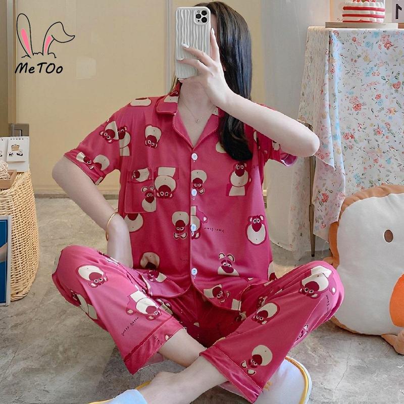 Bộ Đồ Ngủ Pijama Cotton, MeToo, Thiết Kế Thời Trang Mới, Quần Áo Đồ Ngủ Cho Nữ, Quần Áo Đồ Mặc Ở Nhà, Vải, Cổ Áo Có Cúc, Thêu, Phong Cách Quần Và Áo Sơ Mi Hàn Quốc, Đồ Lót, Đồ Mặc Nhà Cho Nữ, Quần Dài, Bộ Đồ Ngủ, Pjs 1