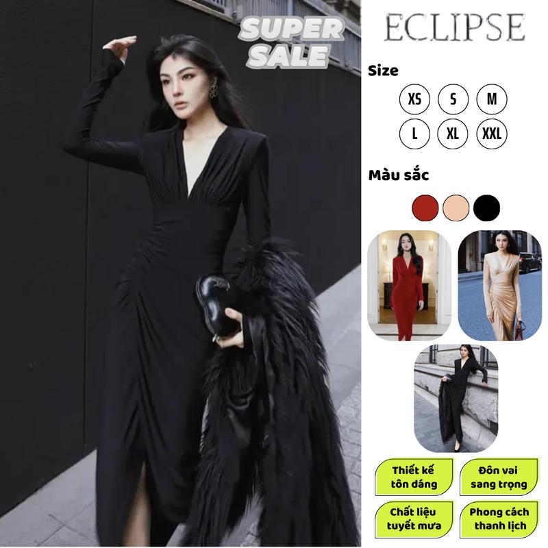 Váy Cổ V Nhún Ly Eo Đôn Vai Dài Tay Eclipse Clothing