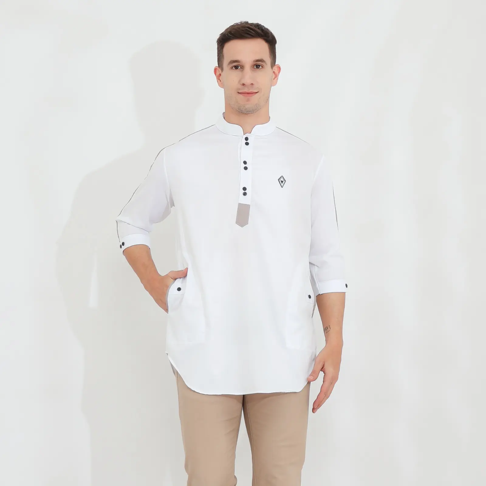 Baju Koko Pria Dewasa Kekinian Motif List Putih Hitam Basic Pakistan Lengan Panjang 3 / 4 Bahan Toyobo Kualitas Premium Ukuran Jumbo M - L - XL