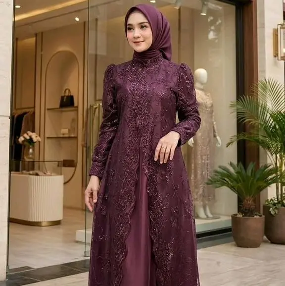 gamis Aura brukat .free hijab gamis kondangan mewah elegan .bahan premium silk kombinasi brukat Aura tile premium   gamis model baru premium mewah elegan gamis Lebaran 2026 gamis simpel mewah gamis sultan seragaman keluarga mewah simpel