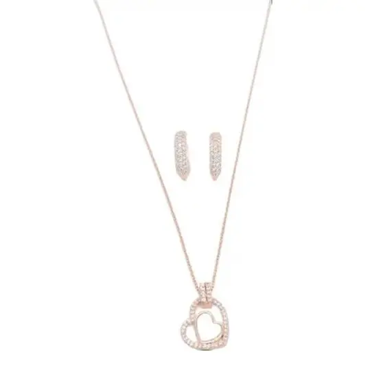 Chomel Heart Mother of Pearl Necklace With Cubic Zirconia Hoop Earring Set