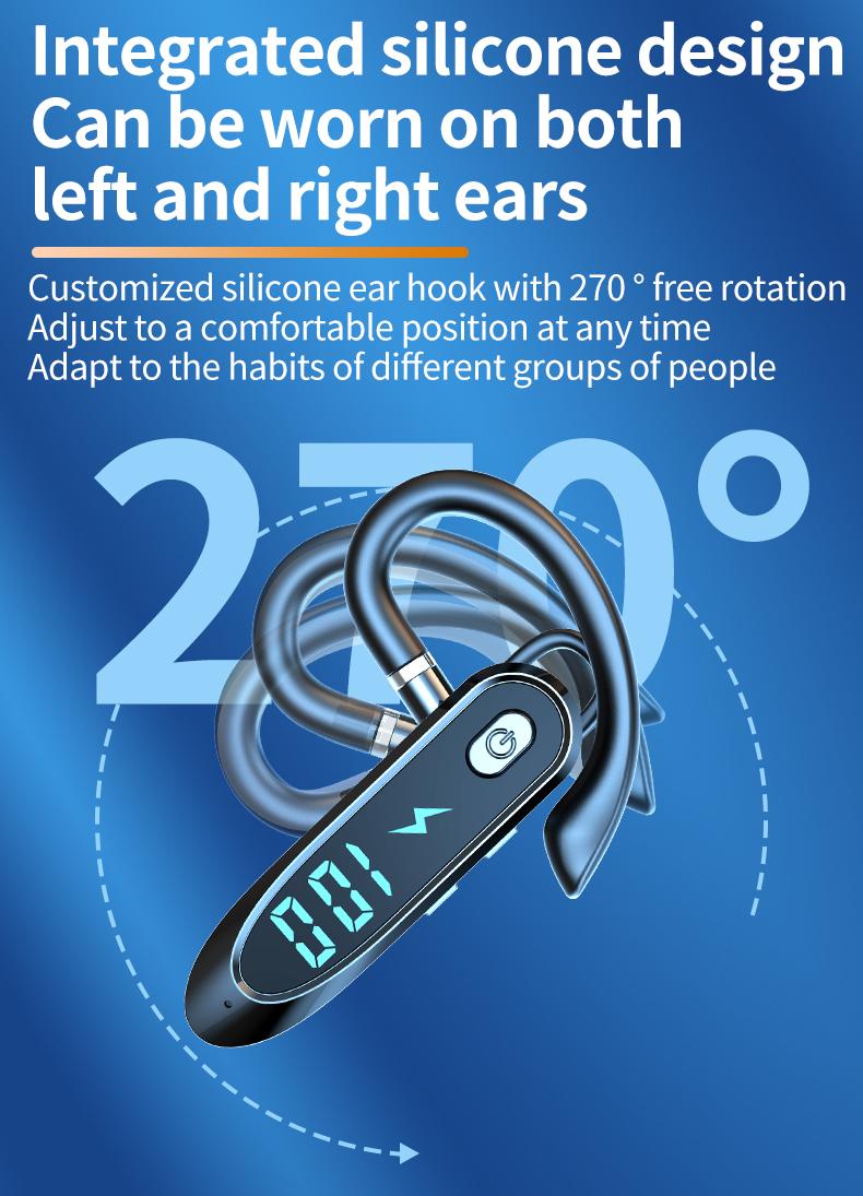 Headset Telinga Tunggal dengan Mikrofon Bluetooth 6.0 Earphone Peredam Kebisingan Speaker Mini Tahan Air Tampilan LED Bebas Genggam Waktu Siaga Panjang