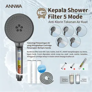ANNWA Kepala Shower Tangan dengan Filter Ganda -  Selang 150cm, 5 Mode Air, Membersihkan Kotoran Air untuk Kulit Sehat