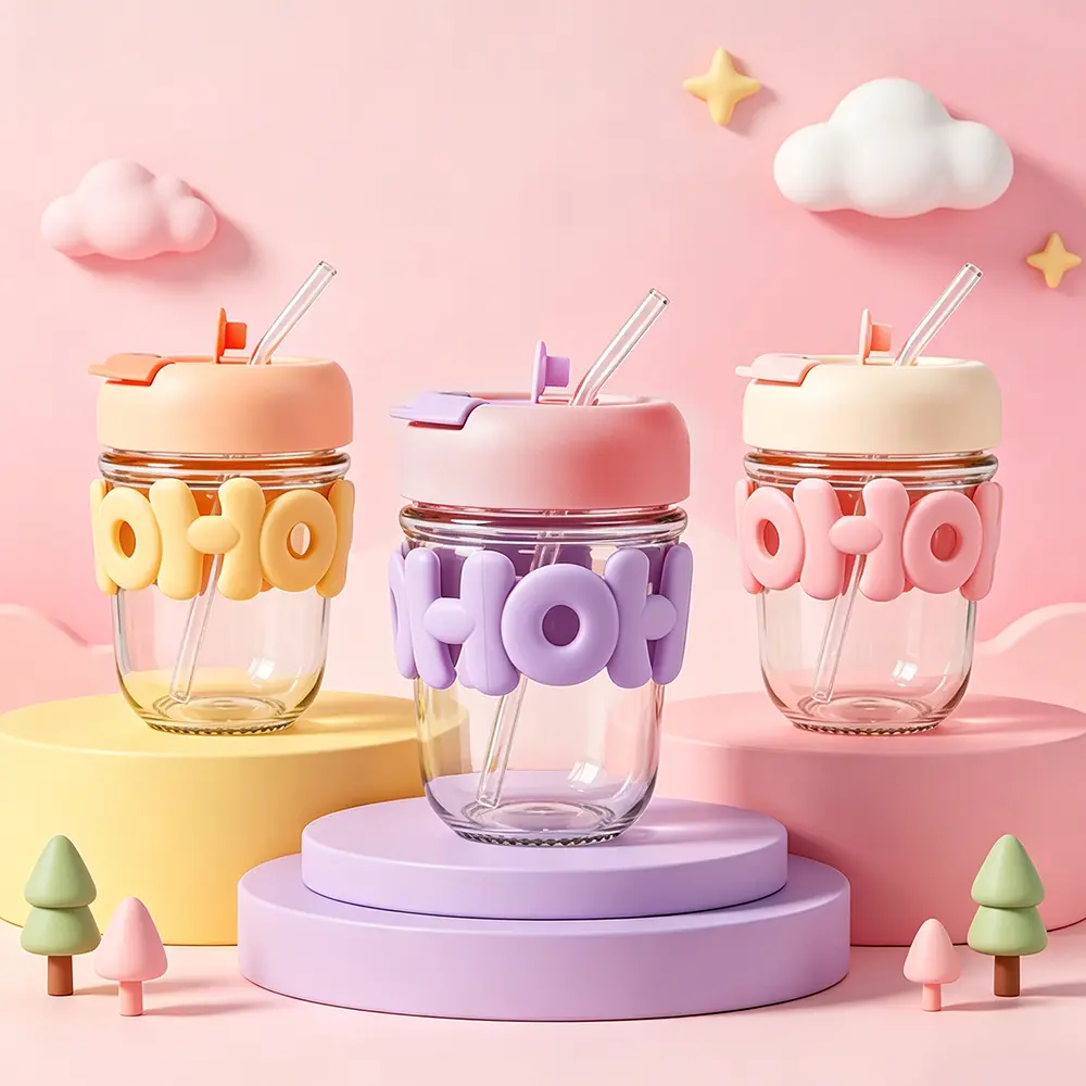 UHOUSE Mug Kaca Tebal dengan Tutup dan Sedotan / Tumbler Kaca Mini 350ml Warna Pastel Aesthetic
