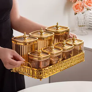 OPTIVIA Gelanggan Kaca Hias Emas Luxury 7 Set Toples Makanan Kue Kacang Penyimpanan Dapur Elegan Hadiah Kado