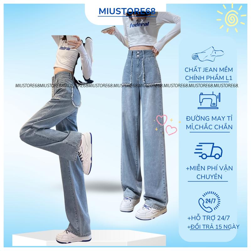 Quần Jean Nữ Ống Rộng Túi Tua Rua Cạp Cao 2 Cúc , Quần Bò Nữ Ống Suông Lưng Cao M006 Women Pants Denim