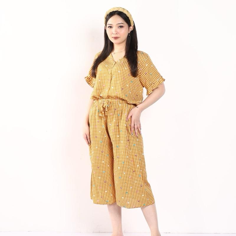 [DasterHitsMalang] One Set Aira Celana Kulot Panjang 7/8 /One Set Kancing Depan/One Set Lengan Rempel/Setelan Wanita Baju Karet Katun Kerah Rayon Motif Atasan Busui Pendek Kotak 4