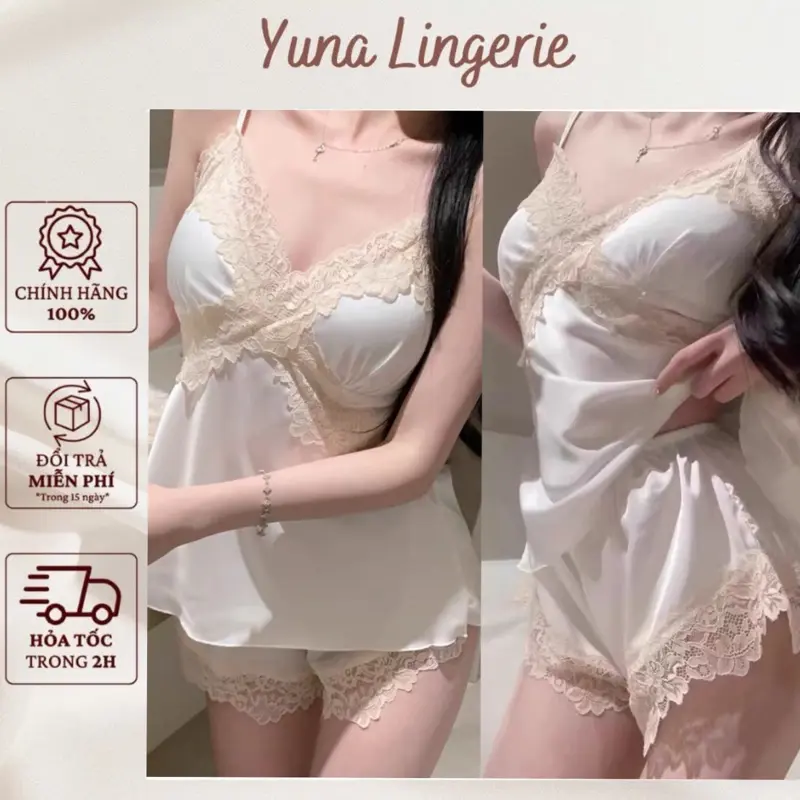 Bộ Ngủ Sexy Lụa Phối ren , Set Đùi 2 dây Khoe Eo Gợi Cảm Quyến Rũ, đồ bộ mặc nhà mùa hè thoải mái