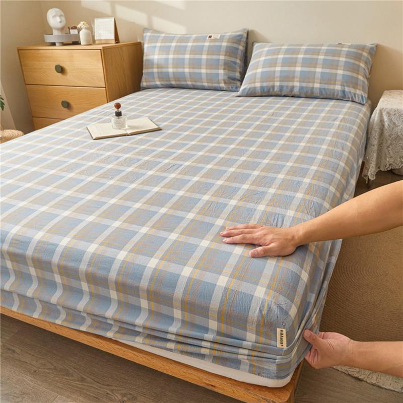 Product Introduction of Cotton Plaid Fitted Sheet Japanese Striped Plaid Cotton Non-Slip Bedspread Washed Cotton Student Fitted Sheet 3 In1 Mattress Cover Protective Cover 30