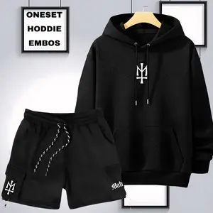 Oneset Hoodie Embos Celana Pendek Embos Pria Wanita Distro Stelan Sweater Celana Cargo Bahan Embos Sablon Maternal Flece Brend Size M L