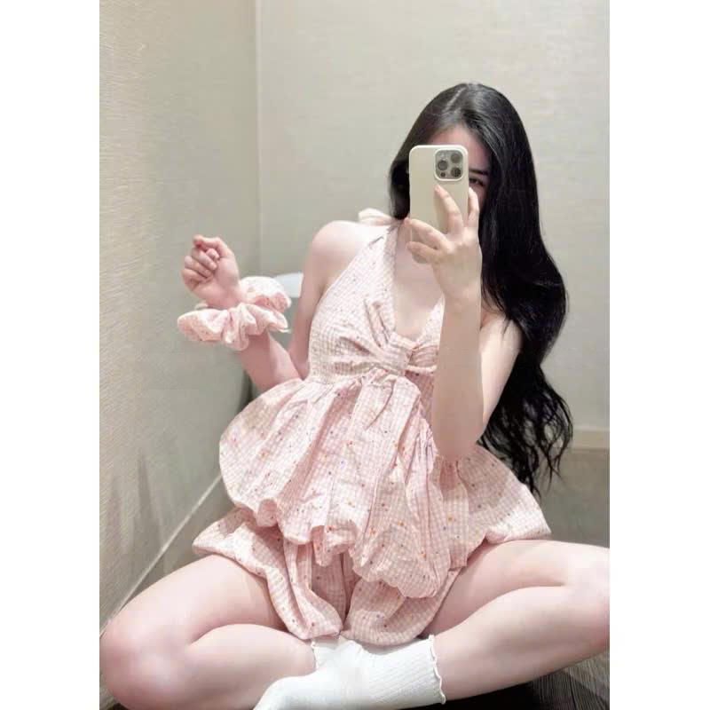 Set áo yếm CÓ MÚT NGỰC + quần bí bồng 2 lớp chất mịn mát phong cách dễ thương bộ ngủ nữ mặc ở nhà