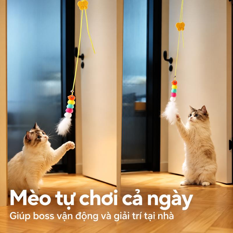 Đồ chơi mèo treo cửa có cần câu lông vũ đàn hồi và chuông, kèm miếng dán tường chắc chắn