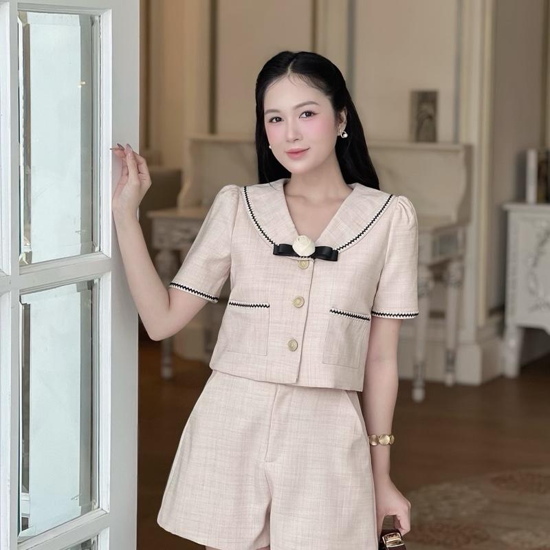  Set áo cổ sen kèm tag hoa nơ đen + Quần short nữ hb.closet S57 