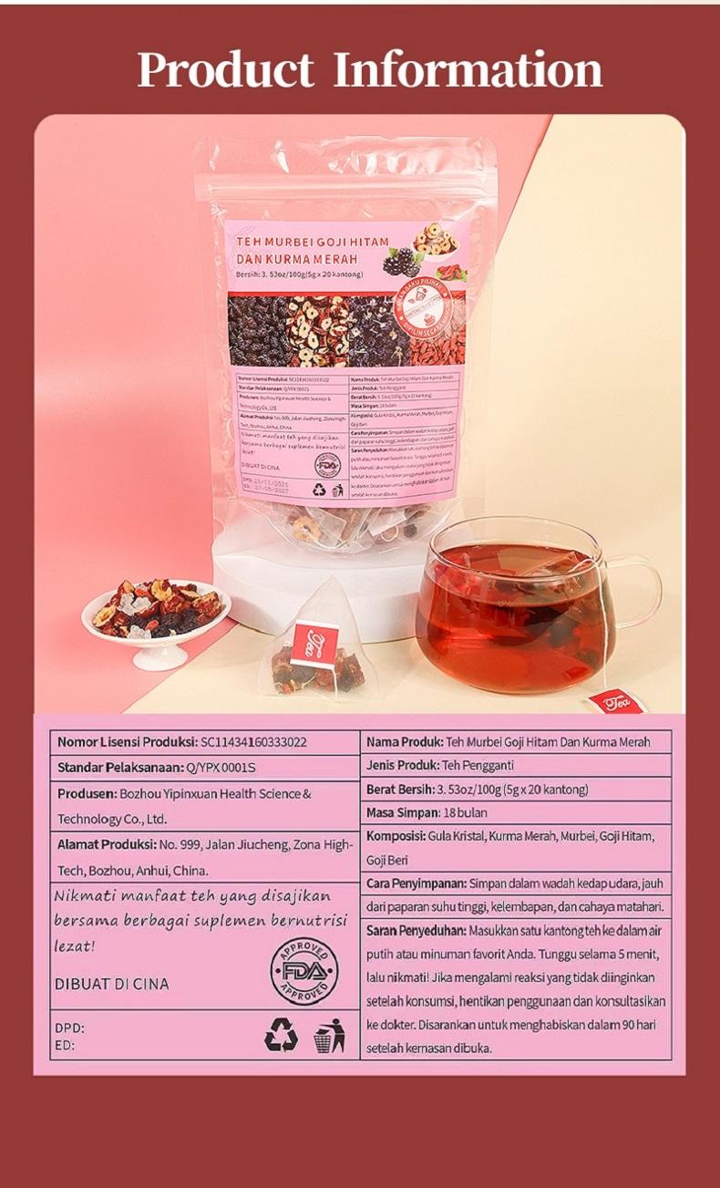 Teh Murbei Goji Hitam & Kurma Merah - Teh Herbal Penambah Tenaga Alami, Bantu Atasi Capek, Lelah & Kurang Stamina Karena Begadang atau Kerja Keras, 100% Bahan Premium, Praktis 1 Paket Langsung Seduh!