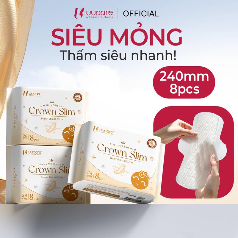 [Combo 1/3 gói ngày đêm] Băng vệ sinh UUcare Crown Slim siêu mỏng 0.07 cm, "nhẹ như không", thấm hút gấp 55 lần, khoá ẩm tức thì, kháng khuẩn, thoáng khí 24cm, 28cm