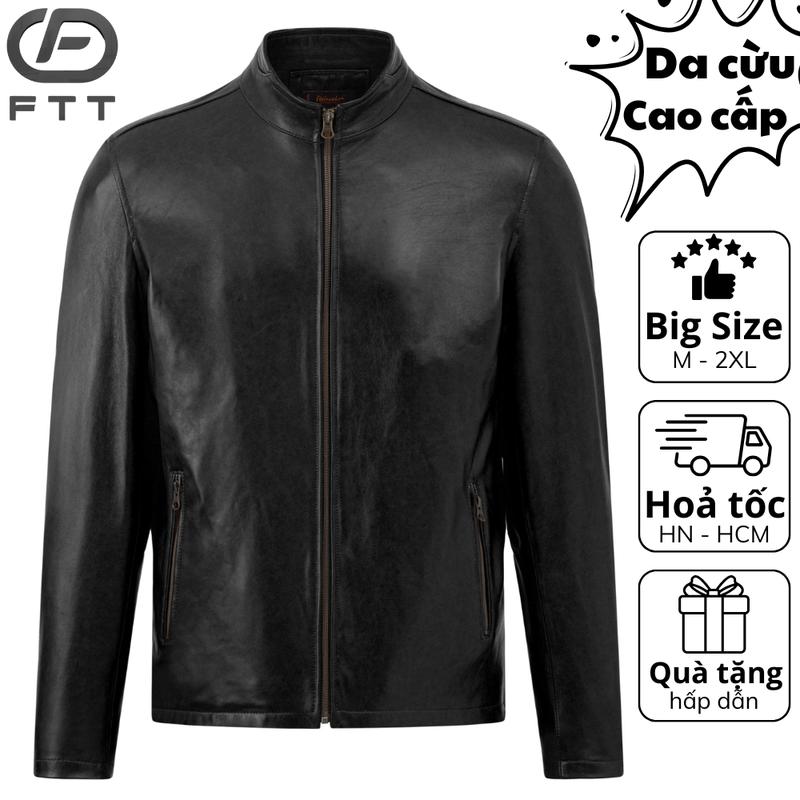 Áo khoác da cừu nam cổ trụ Racer jacket cao cấp FTT LEATHER trơn tay khoá dáng suông màu Đen bóng AD213C40