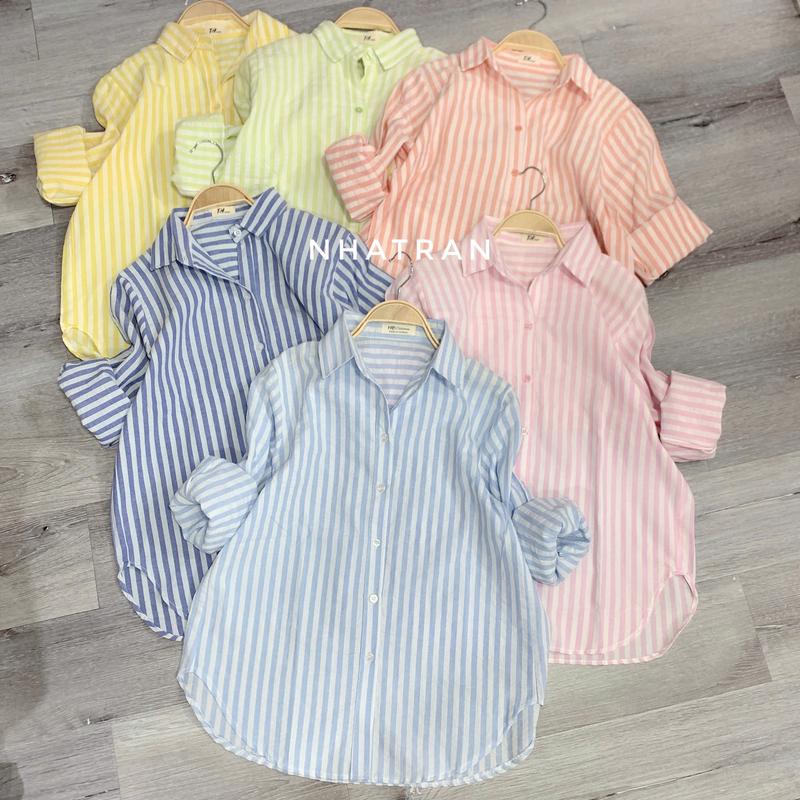 PHOM VỪA CHẤT THÔ DẬP - Áo sơ mi nữ cổ bẻ tay dài sọc kẻ phom rộng vừa Top Women Pastel