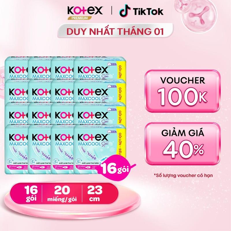   QUÀ TẶNG HOT  16 gói băng vệ sinh nữ Kotex Maxcool French Spa ban ngày 23cm Siêu Mỏng Cánh 20 miếng gói Mặt bông Thấm hút tốt Chống tràn Khử mùi mát lạnh êm bvs kinh nguyệt nhiều miễn phí vận chuyển chính hãng tampon. 