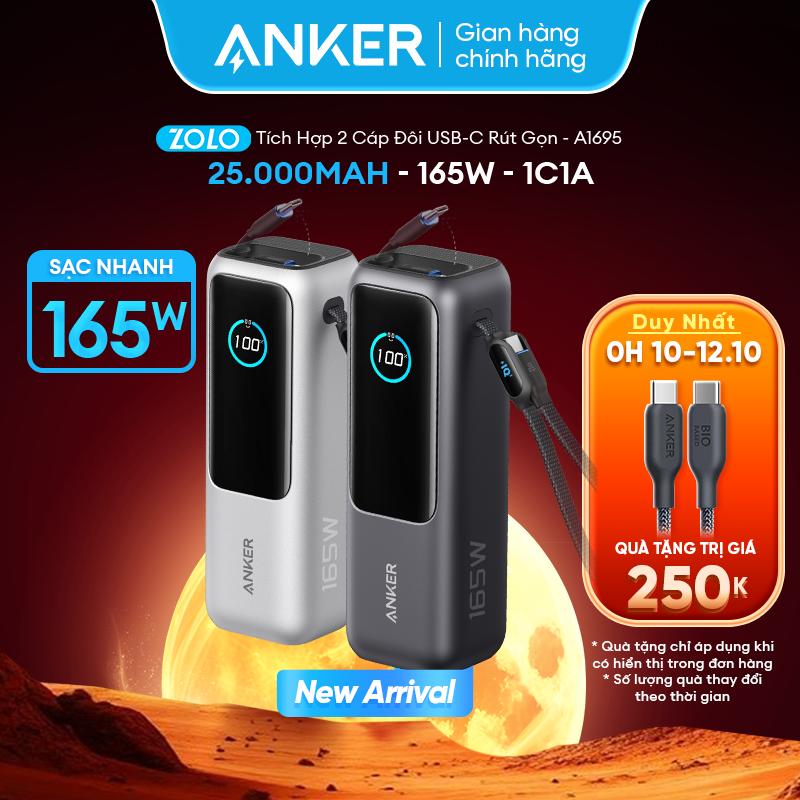[ANKER] Sạc dự phòng Anker Zolo dung lượng lớn 25000mAh | Công suất cao 165W | 2 cổng 1C1A | Tích hợp 2 dây cáp USB-C có thể thu gọn | Sạc cùng lúc 4 thiết bị | Màn hình thông minh | Nhỏ gọn tiện lợi - A1695