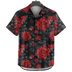 GOKS Baju Kemeja Motif Laki Laki Perempuan Full Print Printing Kemeja Vintage 663 RED FLOWER