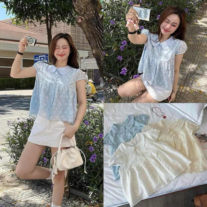 (HAVANA) CÓ BIGSIZE Áo kiểu JINI babydoll cổ bèo cúc cài hoạ tiết hoa nổi AO591