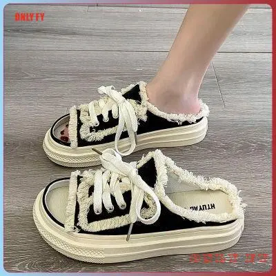 Giày Vải Nữ, Dép Lê Nửa Đầu, Có Thể Mang Bên Ngoài, Thời Trang, Đa Năng, Kẻ Sọc, Chống Trượt, Phong Cách Hàn Quốc, Đầu Thấp, Hợp Thời Trang, Thường Ngày