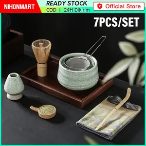 7Pcs Alat Matcha Making Set Matcha Bowl Keramik / Pengaduk Matcha Bambu / Sendok / Matcha Whisk Stand Holder / Saringan / Kain Lengkap Pengaduk Matcha Bambu Hadiah Tradisional Matcha Jepang