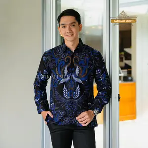 Batik Pria Lengan Panjang Baju Kemeja Kondangan Anak Muda Katun Halus Furing Motif Gurdo Biru Navi