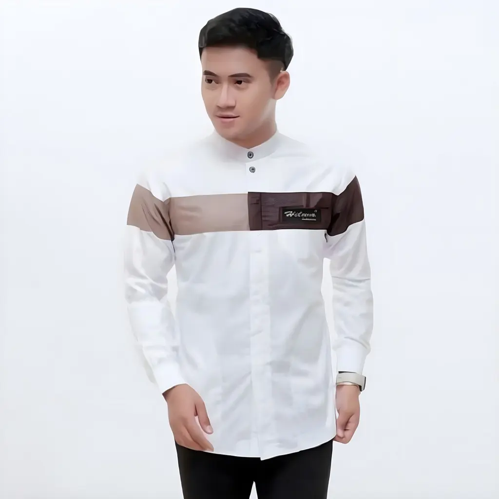 Kemeja Koko Pria Lengan Panjang Motif Qynang Kombinasi Original Asakhi Collection Warna Putih