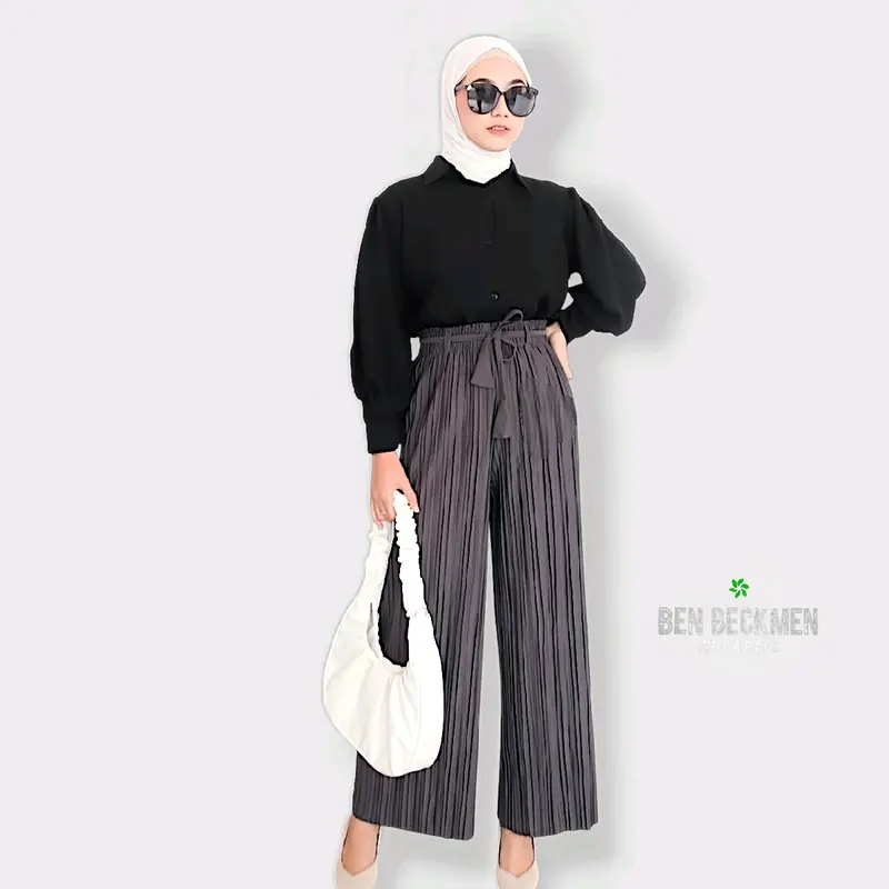Celana Kulot Wanita Plisket Premium bahan Cosebho crepe Import anti kusut bahan Katun tebal Halus pinggang karet 3