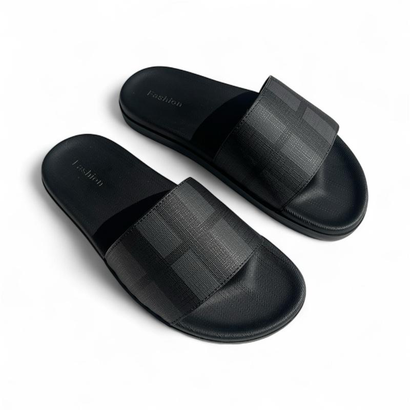 Dép da nam quai ngang màu đen họa tiết kẻ sọc Hà Vy Dép nam mũi tròn da xít đế cao su 2 lớp phong cách đường phố tối giản Dép DéP boy phố