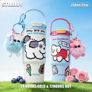 STARJOY Tumbler Isolasi Vakum dengan Sedotan Gelas Kopi Keramik Kapasitas Besar Seri Kartun​–Mug Stainless Steel Kapasitas Besar, Cocok untuk Mobil dan Dibawa Saat Bepergian,Lapisan Dalam Keramik