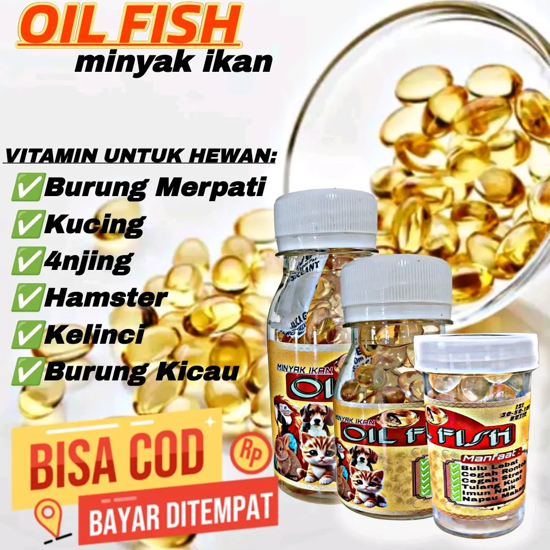 MINYAK IKAN OIL FISH PREMIUM ISI 100 KAPSUL Vitamin Hewan Burung Merpati Kucing 4njing Hamster kicau
