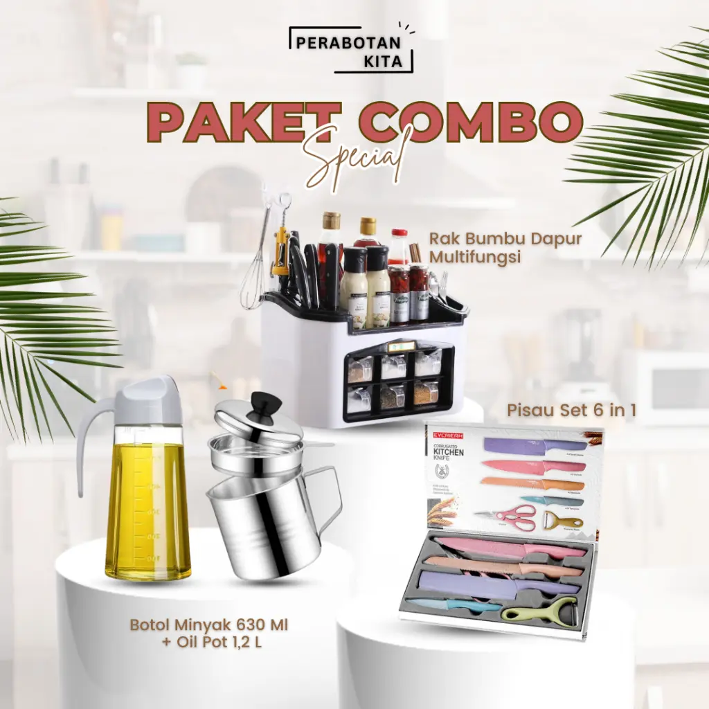 perabotankita.id Paket Combo Rak Bumbu Dapur + Pisau Set 6in1 + Oil Pot + Botol Minyak Kaca 630ml Stainless Gagang