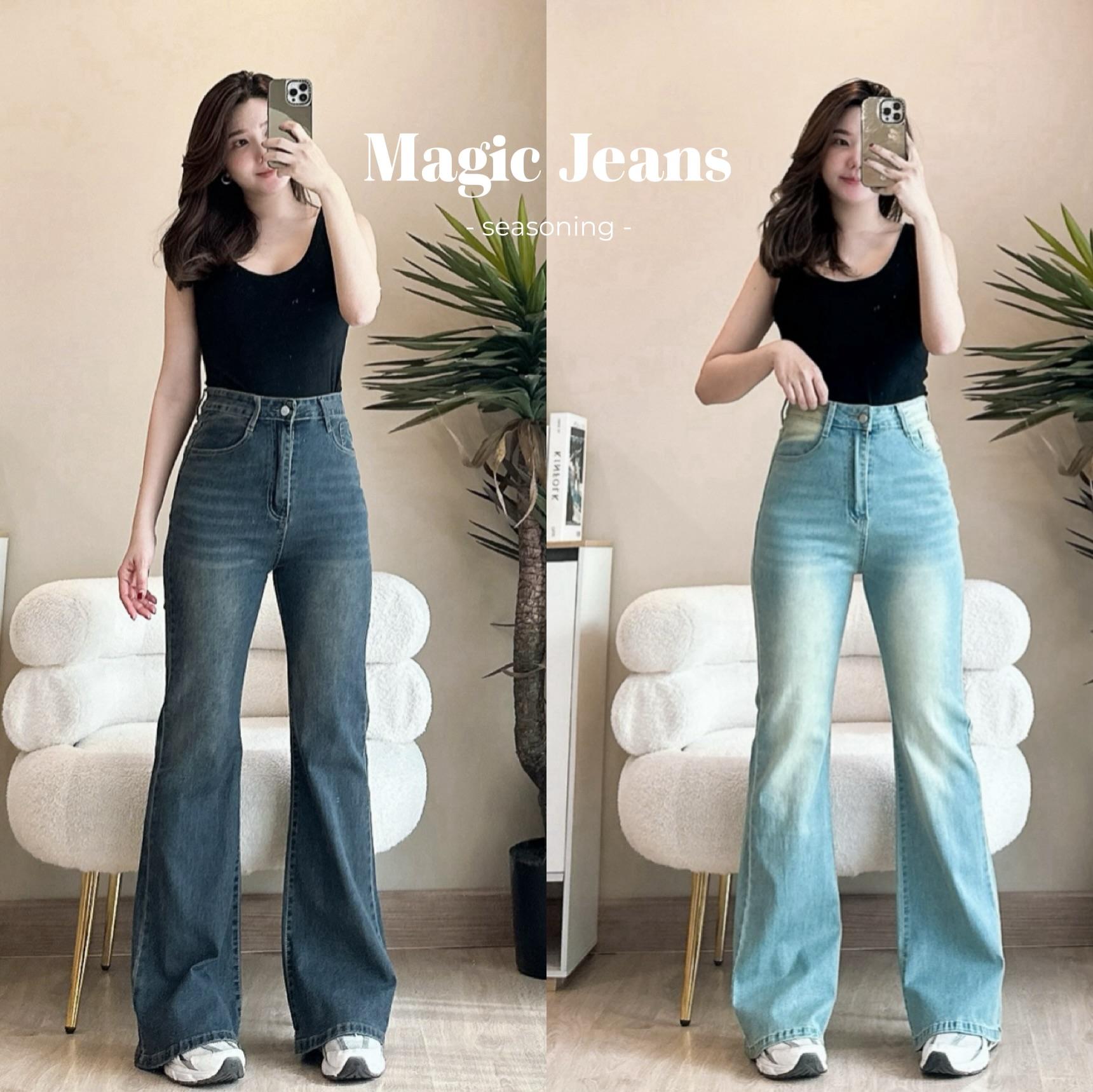 SEASONING รุ่น Magic Jeans กางเกงยีนส์ทรงขาม้า ปลายขาบาน เอวสูง ไซส์ S-7XL [ ผ้ายืด ]( Lot1 )