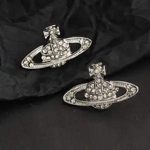 Anting Berlian Motif Saturnus Bintang Planet Kristal Jarum Perak Anting Tusuk Earrings Elegan Wanita
