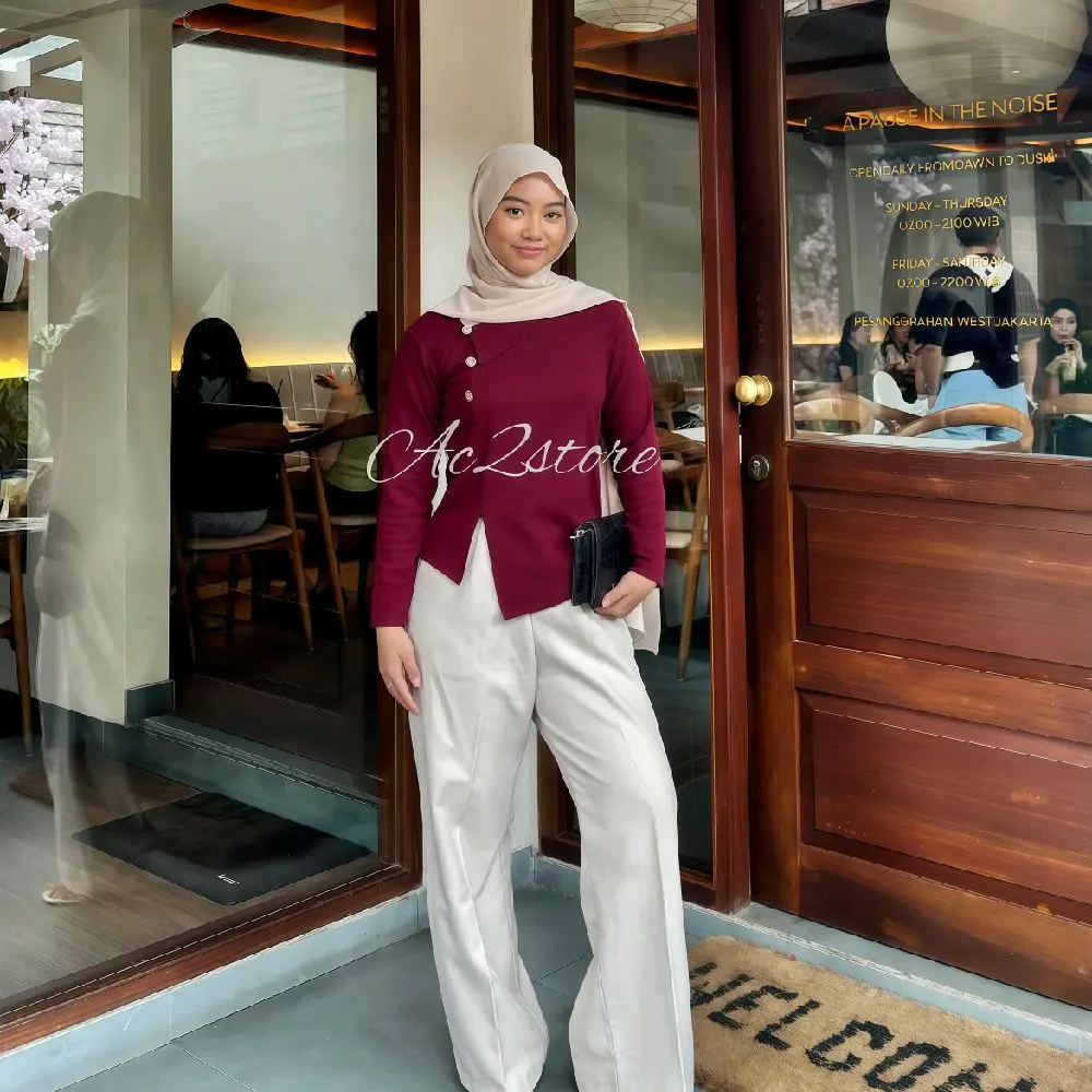 AC2STORE_ ALUNA BLOUSE ASYMETRIC KANCING MAWAR ATASAN WANITA LENGAN PANJANG