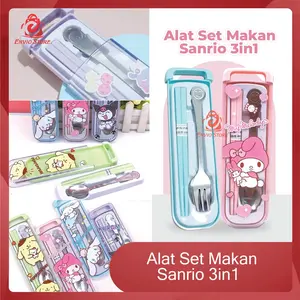 Alat Set Makan Sanrio 3in1 (Sendok + Garpu + Sumpit) - Alat Makan Stainless With Case / Alat Makan Sendok Garpu Sumpit Traveling